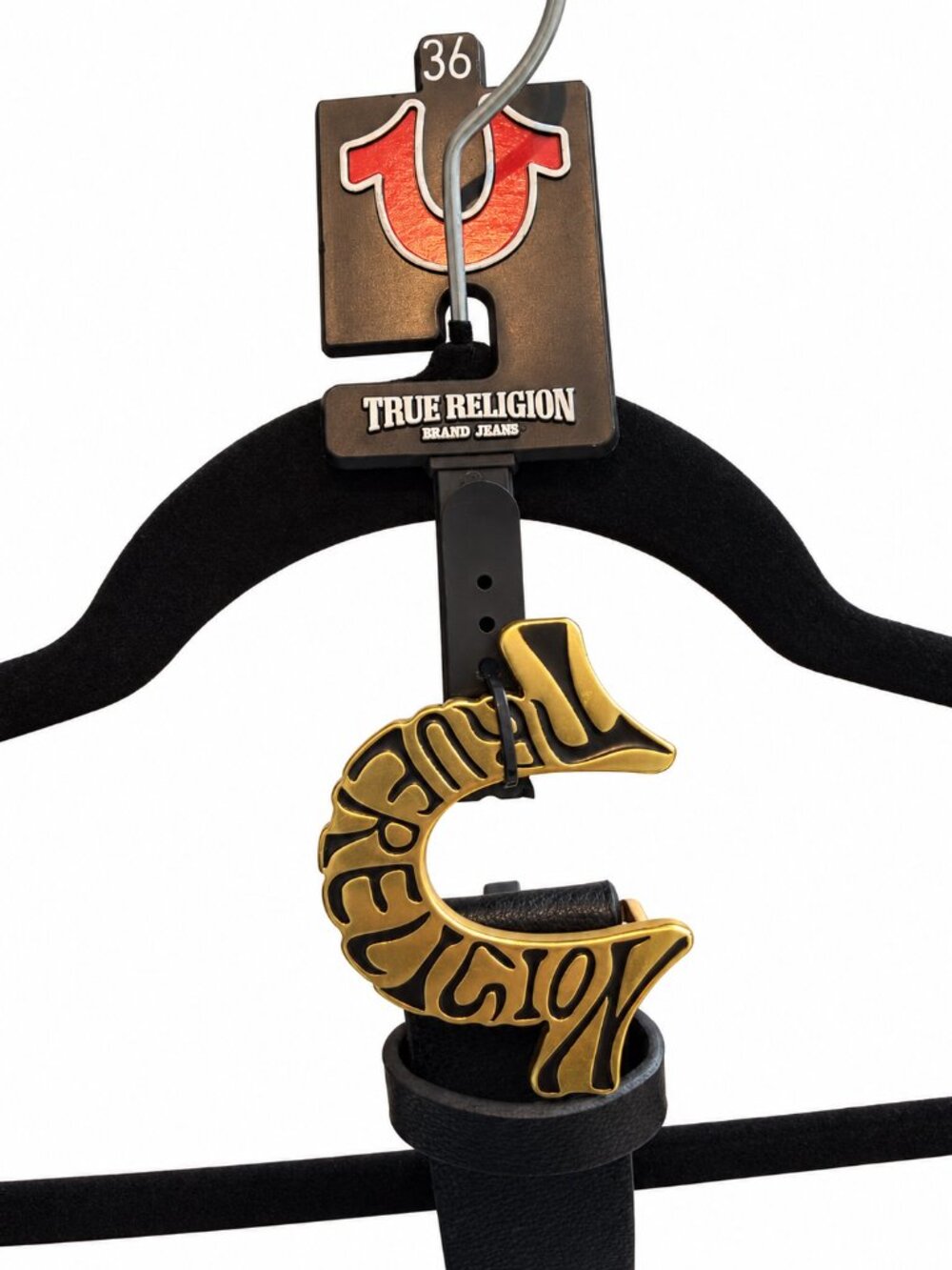 True Religion Logo Buckle Belt Size 36 Black Gold Y2K Western Streetwear